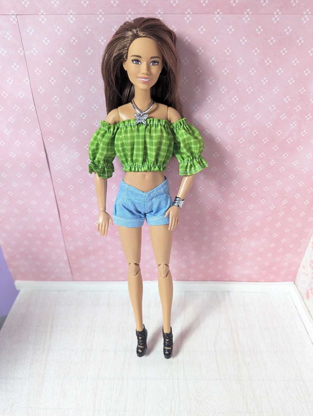 Green Plaid Off-Shoulder Crop Top with Light Blue Denim Shorts - Outfit Only